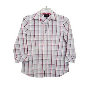 Foxcroft Wrinkle Free Fitted Fit Cotton Blend Plaid Zip-Up 3/4 Sleeve Shirt 10